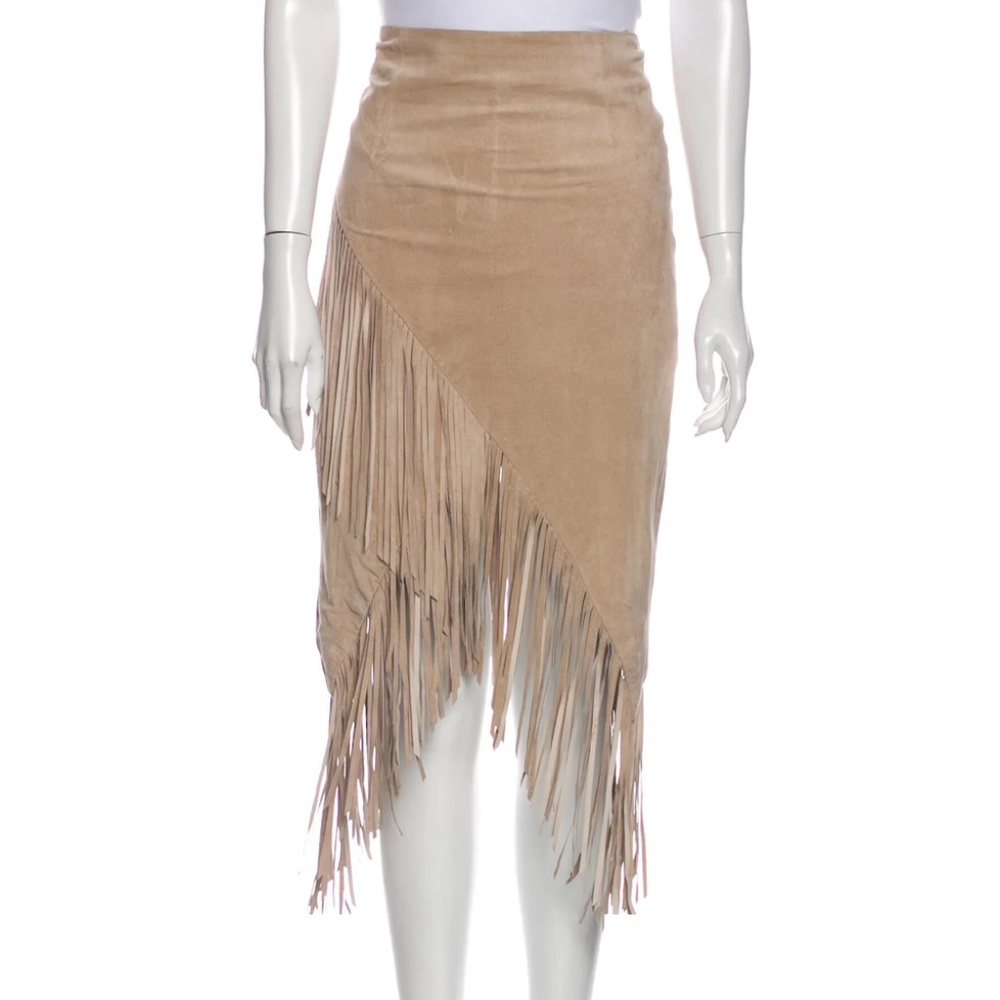 INTERMIX WESTERN Genuine Suede Fringe Asymmetrical Skirt Tan Beige Size S $430